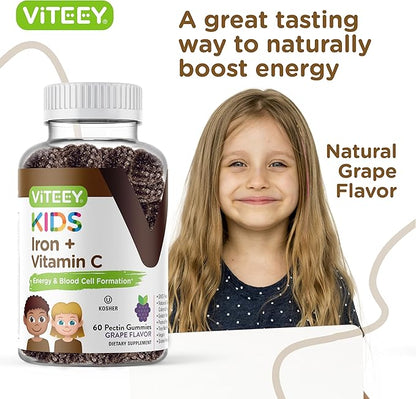 VITEEY Iron for Kids with Vitamin C - Supports Energy, Blood Cell Formulation, Blood Builder Anemia Kids Iron Supplements - Vegan, Gelatin Free, Gluten Free - Tasty Chewable Grape Flavored Gummy
