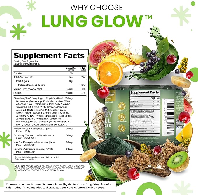 Clean Nutra Mullein Gummies for Lung Health Support with Elderberry Chlorophyll Spirulina Tart Cherry Sea Moss Vitamin C Lutein Marshmallow Root Licorice Root Superfood Greens Mucus Relief 60 Gummies