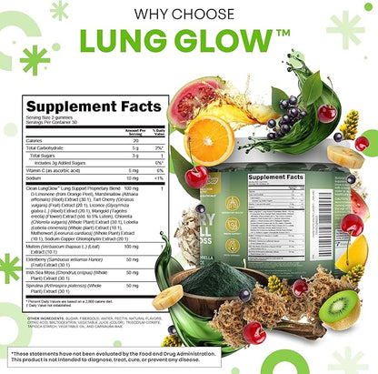Clean Nutra Mullein Gummies for Lung Health Support with Elderberry Chlorophyll Spirulina Tart Cherry Sea Moss Vitamin C Lutein Marshmallow Root Licorice Root Superfood Greens Mucus Relief 60 Gummies
