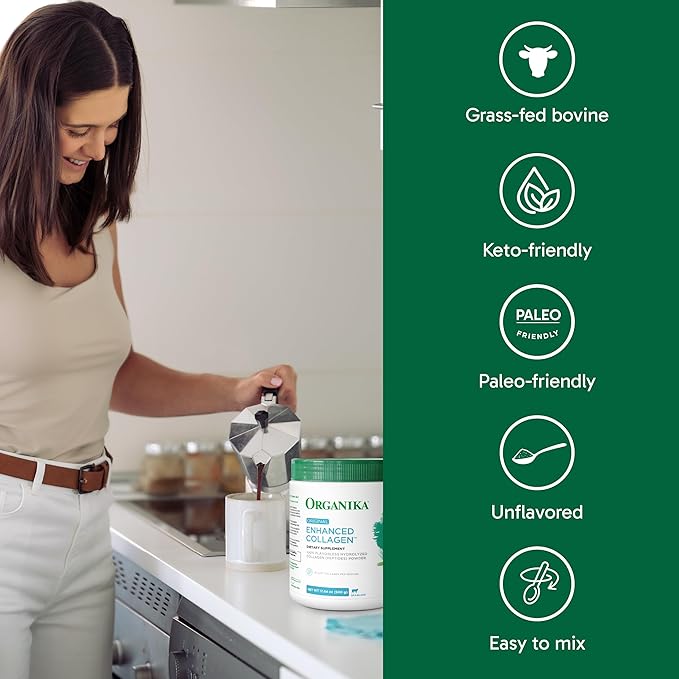 Organika Enhanced Hydrolyzed Collagen Peptides Powder: Easy Absorption Unflavored Collagen Powder for Skin, Hair, Nails, Joints, Muscles, & Gut - Keto, GMO-Free, Grass-Fed (1.1 Pounds)