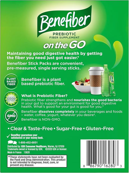 Benefiber On The Go Prebiotic Fiber Supplement Powder for Digestive Health, Daily Fiber, Unflavored - 28 Sticks (3.92 Ounces)