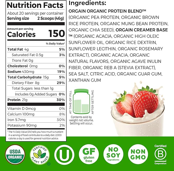 Orgain Organic Vegan Protein Powder, Strawberries & Cream - 21g Plant Based Protein, 4g Prebiotic Fiber, Low Net Carb, No Lactose Ingredients, No Added Sugar, Non-GMO, For Shakes & Smoothies, 2.03 lb