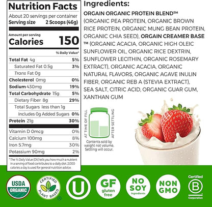 Orgain Organic Vegan Protein Powder, Strawberries & Cream - 21g Plant Based Protein, 4g Prebiotic Fiber, Low Net Carb, No Lactose Ingredients, No Added Sugar, Non-GMO, For Shakes & Smoothies, 2.03 lb
