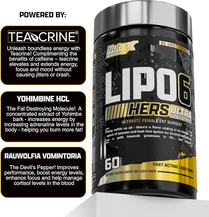 Lipo-6 Black Hers Ultra Concentrate | Weight Loss Pills for Women | Fat Burner, Appetite Suppressant, Metabolism Booster for Weight Loss + Hair, Skin, & Nails Support | 60 Diet Pills