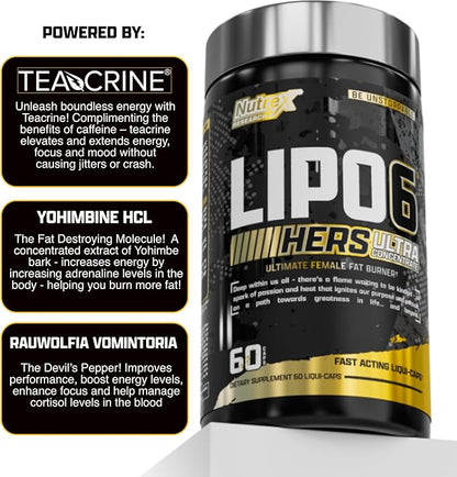 Lipo-6 Black Hers Ultra Concentrate | Weight Loss Pills for Women | Fat Burner, Appetite Suppressant, Metabolism Booster for Weight Loss + Hair, Skin, & Nails Support | 60 Diet Pills