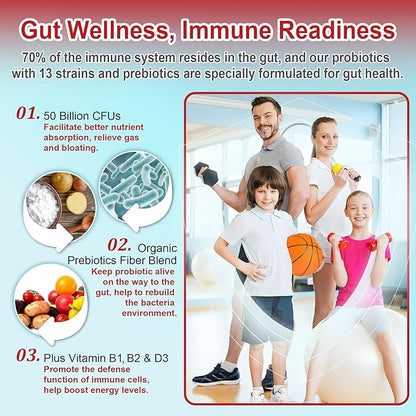 Probiotic + Prebiotic Gummies for Adults & Kids 4+, Sugar Free Chewable Probiotic 50Billion CFUs w/Fiber, Vitamin B1 B2 D3 & Zinc, for Digestive & Gut Health, Boost Microflora Diversity, Vegan 120 Cts