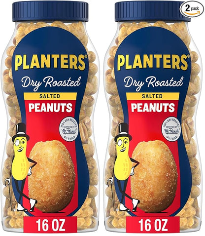 PLANTERS Salted Peanuts, Dry Roasted Peanuts, Party Snacks, Plant Based Protein, Snacks For Adults, 16 Ounce (Pack of 2)