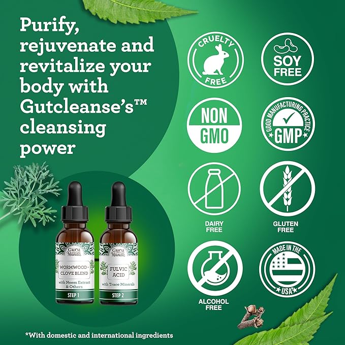 GuruNanda Gutcleanse 2-Step Kit - Dietary Supplement to Help with Digestion - Blend of Fulvic Acid, Wormwood, Clove & Neem Extract, 2x1 FlOz
