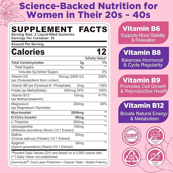 Myo-Inositol & D-Chiro Inositol Gummies + MTHF Folate, Methyl B12, Vitamin B6 & D3, Inositol Supplement for Women for Ovarian, Hormone Balance, PMS, Sleep, Mood & Energy, 40:1 Ratio, Sugar Free, 60Cts