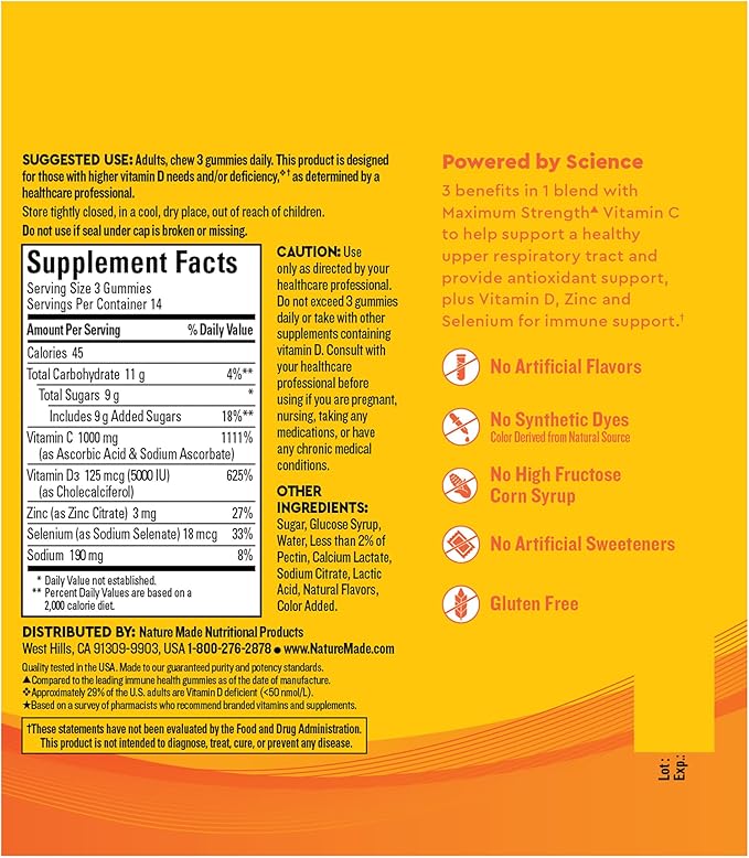 Nature Made Wellblends ImmuneMAX Gummies,Vitamin C,Zinc,and Vitamin D3,Immune Support Supplement,42 Tangerine Flavor Gummies,(Pack of 2)