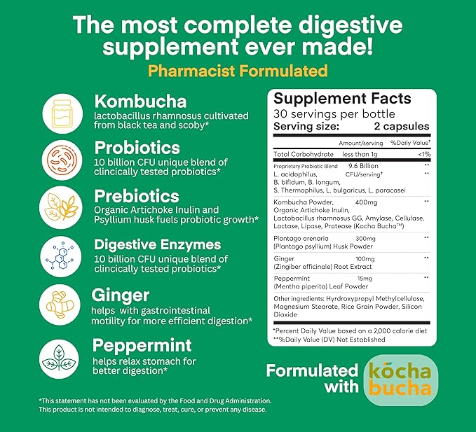 A dose of Digestive Balance-Gut Health Supplement-USDA-Kombucha, 7 Probiotic Strains and Prebiotics for Microbiome-Digestive Enzymes for Digestion-Bloating Relief for Women and Men (60 Count)