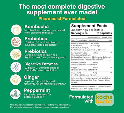 A dose of Digestive Balance-Gut Health Supplement-USDA-Kombucha, 7 Probiotic Strains and Prebiotics for Microbiome-Digestive Enzymes for Digestion-Bloating Relief for Women and Men (60 Count)