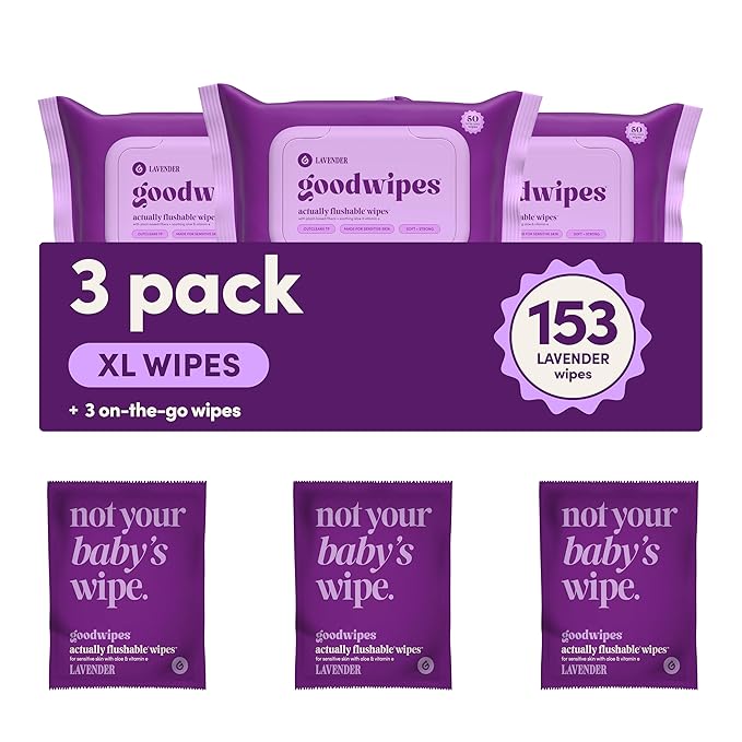 goodwipes Flushable Butt Wipes - Vitamin E & Aloe - Sewer & Septic Safe - Extra Large Adult Wet Wipes For Women & Men - Bathroom Essentials - Lavender, 153 Count (3 Packs + 3 Individually Wrapped)