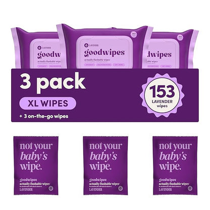goodwipes Flushable Butt Wipes - Vitamin E & Aloe - Sewer & Septic Safe - Extra Large Adult Wet Wipes For Women & Men - Bathroom Essentials - Lavender, 153 Count (3 Packs + 3 Individually Wrapped)