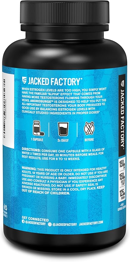 Jacked Factory Androsurge Estrogen Blocker for Men - Natural Vitality Booster for Men & Estrogen Metabolizer with Tongkat Ali, DIM, Rhodiola & More - 120 Count