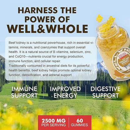 Well&Whole Grass Fed Beef Kidney Gummies, DAO Enzyme & Histamine Balance Support Supplement, DAO-Rich Food 5:1 Bovine Kidney Extract for Detox, Sugar-Free, 60 Gummies