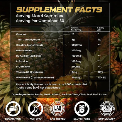 Creatine Monohydrate Gummies for Men & Women, 9000MG Creatine Gummies Sugar Free with L-Taurine, BCAA 2:1, B12 B6 for Boost Strength, Focus & Endurance, Vegan, Non-GMO, Pineapple, 120*2 Bottle