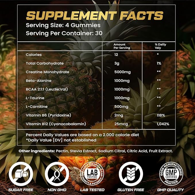 Creatine Monohydrate Gummies for Men & Women, 9000MG Creatine Gummies Sugar Free with L-Taurine, BCAA 2:1, B12 B6 for Boost Strength, Focus & Endurance, Vegan, Non-GMO, Pineapple 120pcs