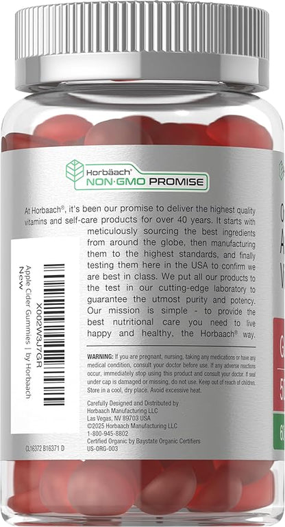 Horbäach Organic Apple Cider Vinegar Gummies | 60 Gummies | Vegan, Non-GMO & Gluten-Free Supplement | USDA Organic ACV | Apple Flavor