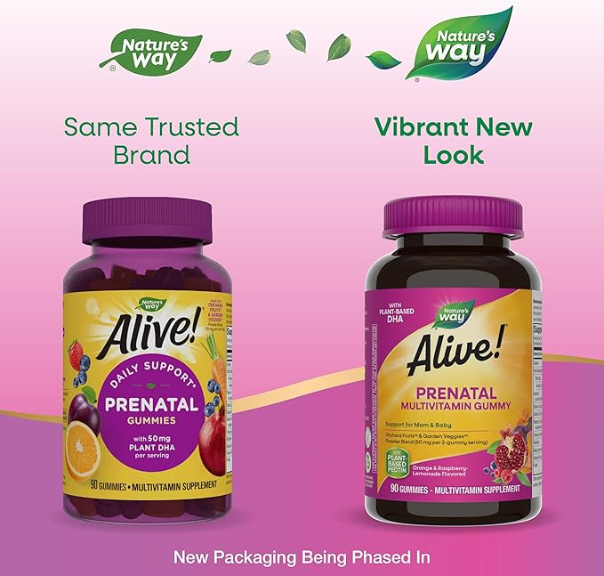 Nature’s Way Alive! Gummy Prenatal Vitamins, Prenatal Multivitamin Supplement with Plant-Based DHA for Brain & Eye Development*, Vegetarian Orange Raspberry Lemonade Flavored, 90 Gummies
