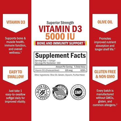 Vitamin D3 5000 IU (125 mcg) Natural Immune Support Supplement, Bone Strength, Healthy Muscle Function, with Olive Oil for Highest Absorption, Gluten Free & Non-GMO, 1 Year Supply, 360 Softgels