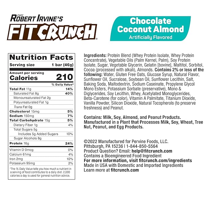 FITCRUNCH Snack Size Protein Bars, 6-Layer Baked Bar, 5g of Sugar & Soft Cake Core (18 Bars, Chocolate Coconut Almond)