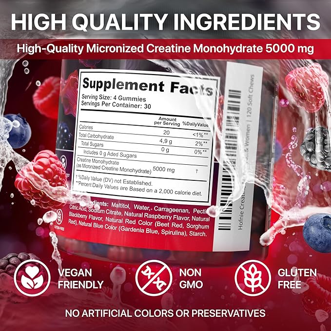 Creatine Monohydrate Gummies 5000 mg – Vegan, Sugar-Free Pre Workout Creatine for Men & Women – Raspberry & BlackBerry Flavored Chewable Creatine Monohydrate, 120 Gummies (30-Day Supply)