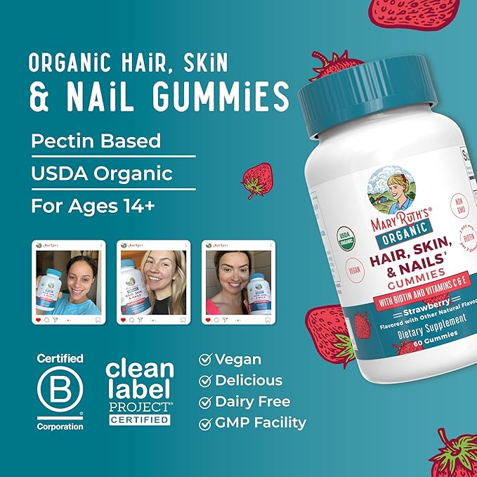 MaryRuth's Hair Skin and Nail Vitamins | USDA Organic | 2500 mcg Biotin Gummies with Vitamin C & Vitamin E | Hair Growth Vitamins | Skin Care | Nail Growth | Ages 14+ | 60 Count