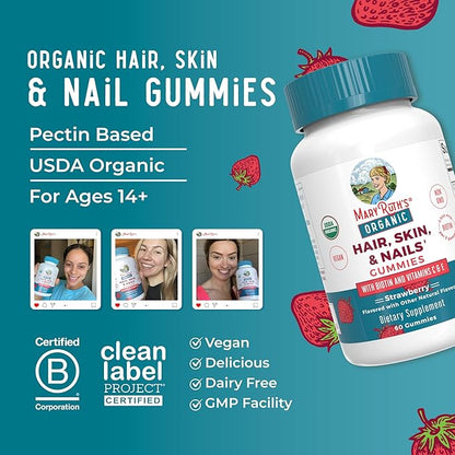 MaryRuth's Hair Skin and Nail Vitamins | USDA Organic | 2500 mcg Biotin Gummies with Vitamin C & Vitamin E | Hair Growth Vitamins | Skin Care | Nail Growth | Ages 14+ | 60 Count