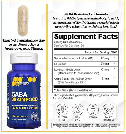 GABA Brain Food - GABA Supplement with L-Citrulline & Grape Seed Extract - Supports Calm & Relaxation - Nighttime Sleep Aid - Supports Production of Gamma Aminobutyric Acid - 120 L-Citrulline Capsules