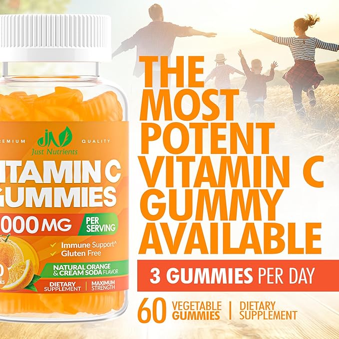 Vitamin C Gummies 1000mg – Chewable Multivitamin for Adults & Kids with Zinc for Immune & Collagen Support – Maximum Strength, Natural Orange Flavor – Gluten Free, Non-GMO, Vegetarian – 60 Gummies