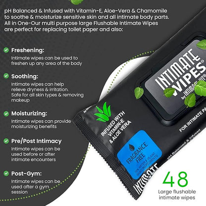 INTIMATE WIPES™ by INTIMACY KIT®, 48 Large Hygiene Wipes, pH Balanced, Hypoallergenic, Fragrance Free, infused with Vitamin-E, Chamomile & Aloe Vera, for Intimate Parts, Body & Face
