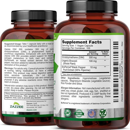 Zazzee DIM 300 mg Per Capsule, 100 Count, Plus 10 mg BioPerine, Estrogen Balance, Hormonal Acne, Menopause Support, Hormonal Balance, Diindolylmethane, Vegan, All-Natural, Non-GMO, Made in The USA