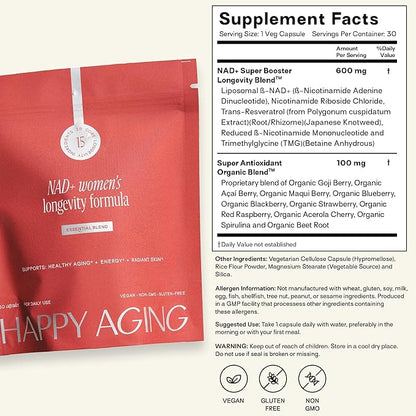 Happy Aging Essential Longevity Formula, NAD+ Super Booster with NR, NMNH & Liposomal β-NAD+, Organic Antioxidant Superfruit Blend for Cellular Energy, Skin Hydration & Daily Vitality, 30 Capsules