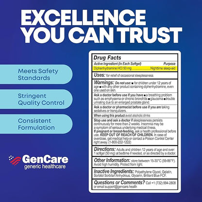 GenCare Maximum Strength Nighttime Sleep Aid Supplement for Adults Deep Sleep Pills with Diphenhydramine HCl 50mg to Fall Asleep Faster- Strong Non-Habit Forming PM Sleeping Relief [96 Softgels]