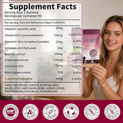 2Pack Beet Root Gummies, 10-in-1 Beetroot Supplements with COQ10, Vitamin C, B12, Grape Seed & Black Pepper Extract, Nitric Oxide Beets SOFE Chews - Mixed Berry Flavor,180 Count
