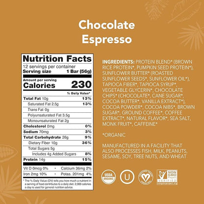ALOHA Organic Plant Based Protein Bars - Chocolate Espresso (85mg Caffeine) - 12 Bars, Vegan, Low Sugar, Gluten-Free, Paleo, Low Carb, Non-GMO, No Stevia, No Erythritol