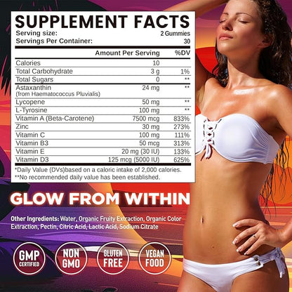 duwhot Astaxanthin Gummies Sugar Free, Astaxanthin for Women & Men Tanning Support, Enhanced with Lycopene & Beta Carotene Vegan, Orange Flavor, 60 Chewables