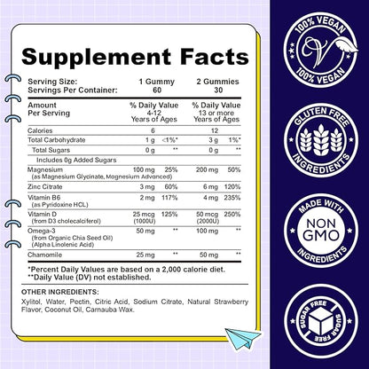 Kids Magnesium Gummies-Magnesium Glycinate Gummies for Kids Supplement-w/Zinc, Chamomile, Omega-3, Vitamin B6, D3 - for Sleep, Relaxation, Brain, Bones, Children's Calm, Sugar Free Strawberry 60ct