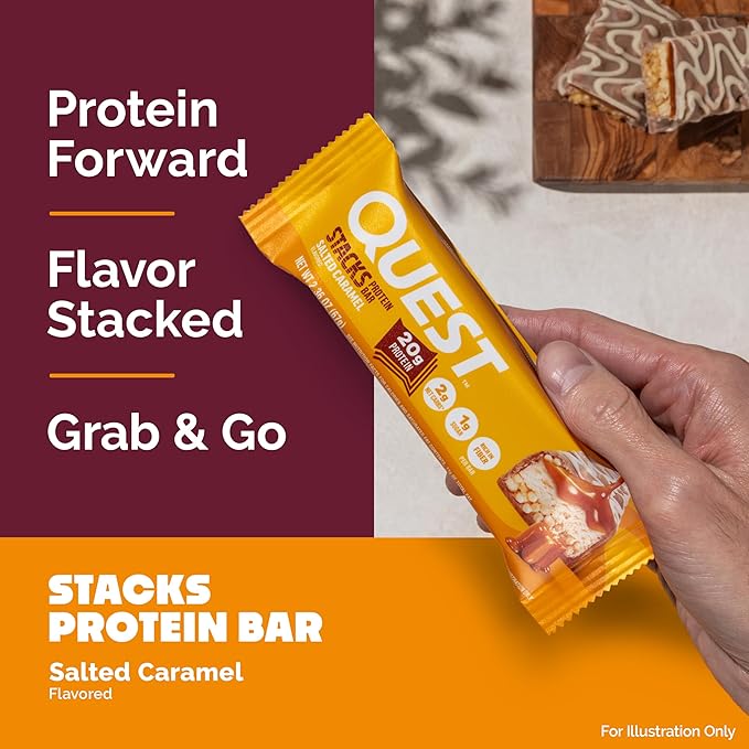 Quest Nutrition Stacks Protein Bars, Salted Caramel Flavor, 20g Protein, 2g Net Carbs, 1g Sugar, High Fiber, Low Sugar, Gluten Free, 4 Count