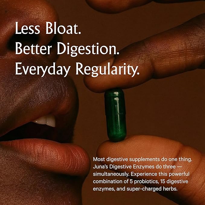 Juna Digestive Enzymes + Probiotic — 3-in-1 Daily Gut Support for Bloat Relief, Smooth Digestion & Microbiome Balance | 15 Enzymes, 5 Probiotics, 8 Botanicals | Vegan, 3rd-Party Tested | 60 Capsules