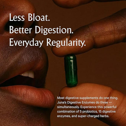 Juna Digestive Enzymes + Probiotic — 3-in-1 Daily Gut Support for Bloat Relief, Smooth Digestion & Microbiome Balance | 15 Enzymes, 5 Probiotics, 8 Botanicals | Vegan, 3rd-Party Tested | 60 Capsules