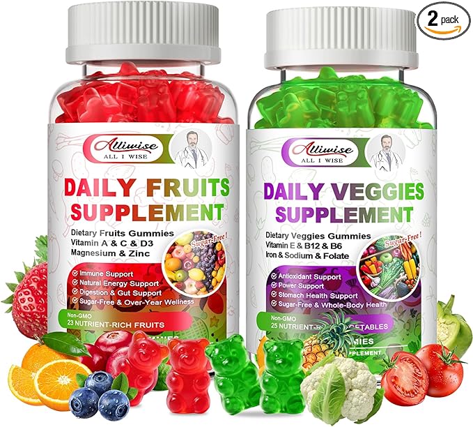 Sugar-Free Fruits & Veggies Gummies, Super Greens with 23 Fruits & 25 Veggies, Multivitamin Minerals & Fiber, Vegan Fruit & Vegetable Supplement for Adults, 120 Gummies, 2 Month Supply