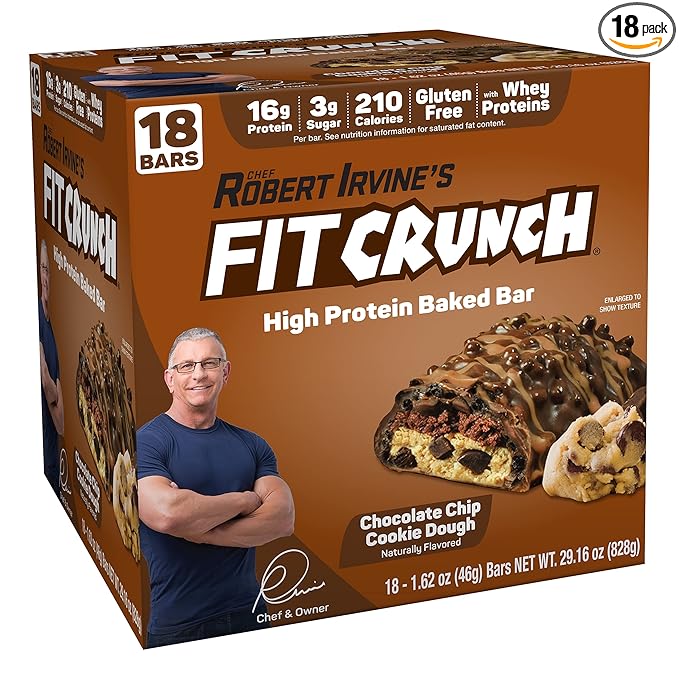 FITCRUNCH Snack Size Protein Bars, 6-Layer Baked Bar, 3g of Sugar & Soft Cake Core (18 Bars, Chocolate Chip Cookie Dough)