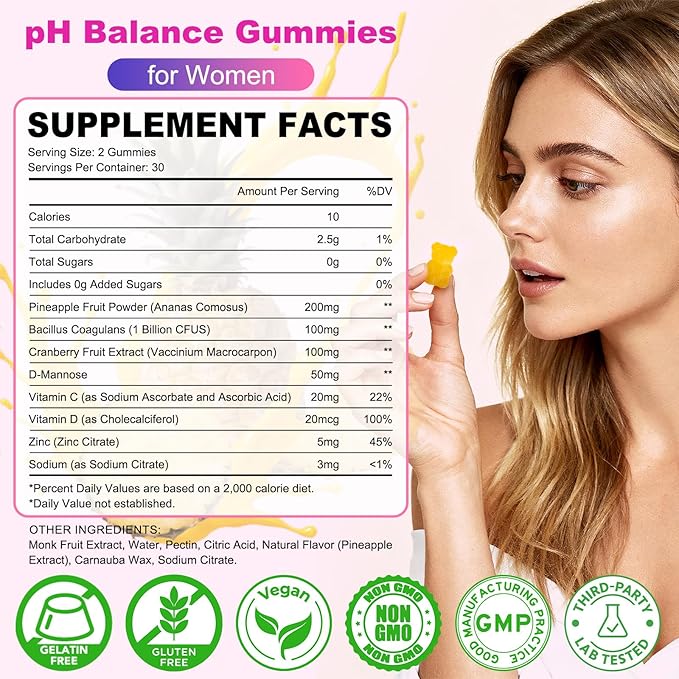 Feminine Balance Gummies for Women - PH Balance Gummies Support Vaginal Flora, Gut Health & Immune System, Vegan, Gluten-Free, Tropical Pineapple Flavor (60 Count)