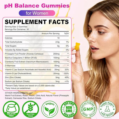 2 Packs Feminine Balance Gummies for Women - PH Balance Gummies Support Vaginal Flora, Gut Health & Immune System, Vegan, Gluten-Free, Tropical Pineapple Flavor (120 Count)