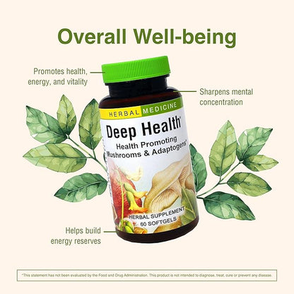 Herbs Etc. Deep Health - Daily Use Adaptogen Supplement - Aids Immune Health & Energy - with Reishi Mushroom - 60 Softgels (60 Servings)