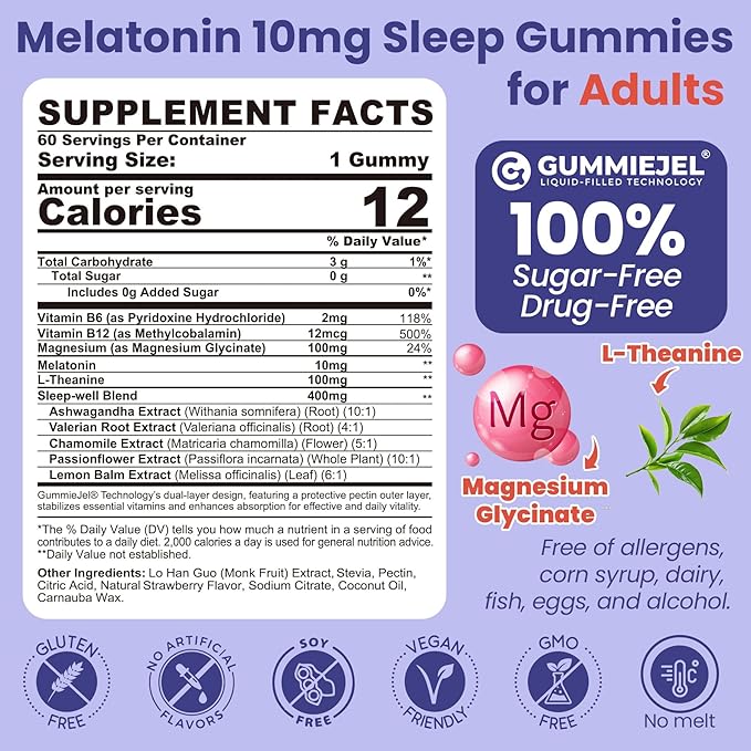EnvyCure Melatonin Gummies 10mg 20mg with Magnesium for Adults | Drug Free | Sleep Aid | Sugar Free | L-Theanine, Ashwagandha, B6, B12, Lemon Balm & Chamomile, Supports Deep Relaxation, 60 Cts