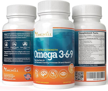 Triple Strength Omega 3-6-9 Fish Oil, Flaxseed & Evening Primrose Oil, 2000mg EPA & DHA (200 Softgels)
