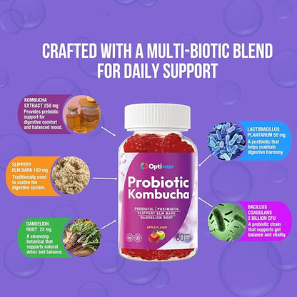 Probiotic Kombucha Gummies for Women Men - Probiotic Prebiotic Probiotic Blend with Slippery Elm Bark Dandelion Root for Gut Health Bloating Metabolism Support - Vegan Gluten-Free Apple Flavor